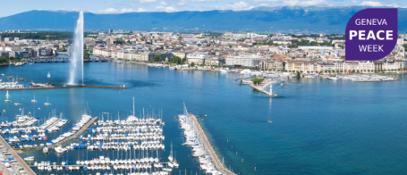 Cityscape of Geneva with the Geneva Peace Week Logo