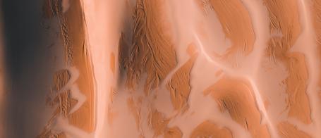 An aerial view of desert sand dunes